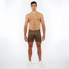 Olive green washed denim stretch knit shorts with textured fabric for comfortable casual wear