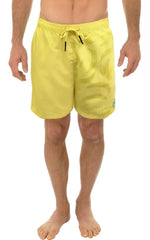 Bright yellow water activated swim shorts with subtle camouflage pattern and black drawstrings for swimming