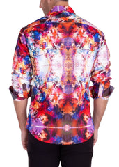 Vibrant men’s dress shirt with a bold kaleidoscopic watercolor art print in reds blues purples and oranges
