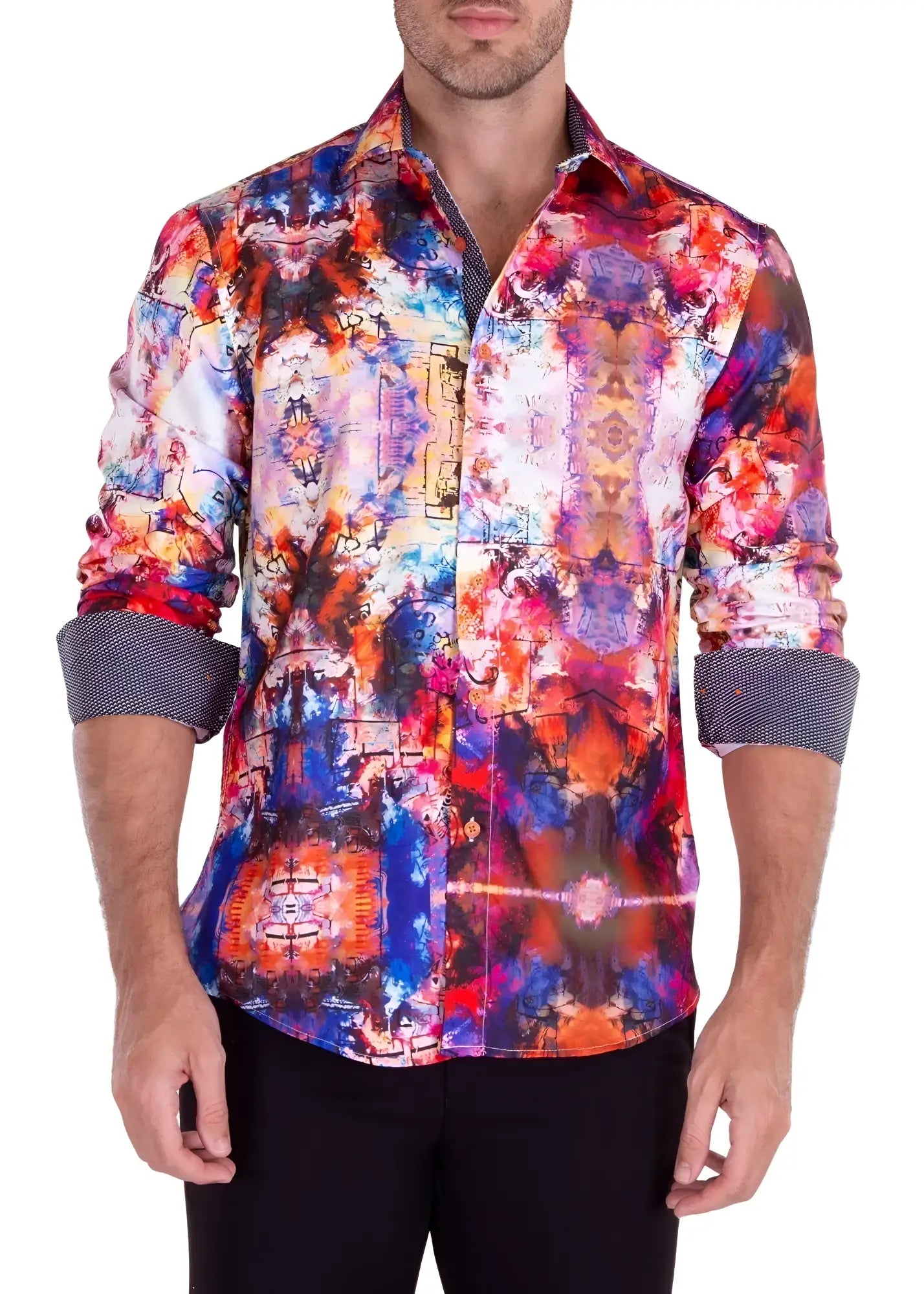 Vibrant watercolor art print l s shirt with bold reds blues purples on textured fabric and contrasting gray cuffs
