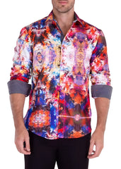 Vibrant watercolor art print l s shirt with bold reds blues purples on textured fabric and contrasting gray cuffs