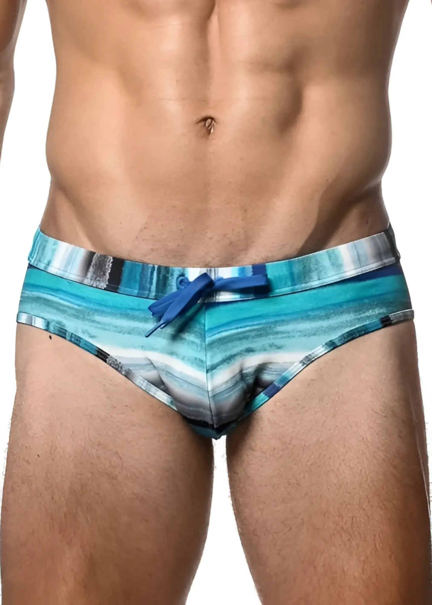 Blue and white striped watercolor stripe printed swim brief with matching blue drawstring for swimwear use