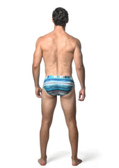 Watercolor stripe printed swim brief featuring blue and white striped modern abstract pattern for swimming