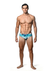 Men’s watercolor stripe printed swim brief in blue and white with tie-side closure ideal for swimming and beachwear