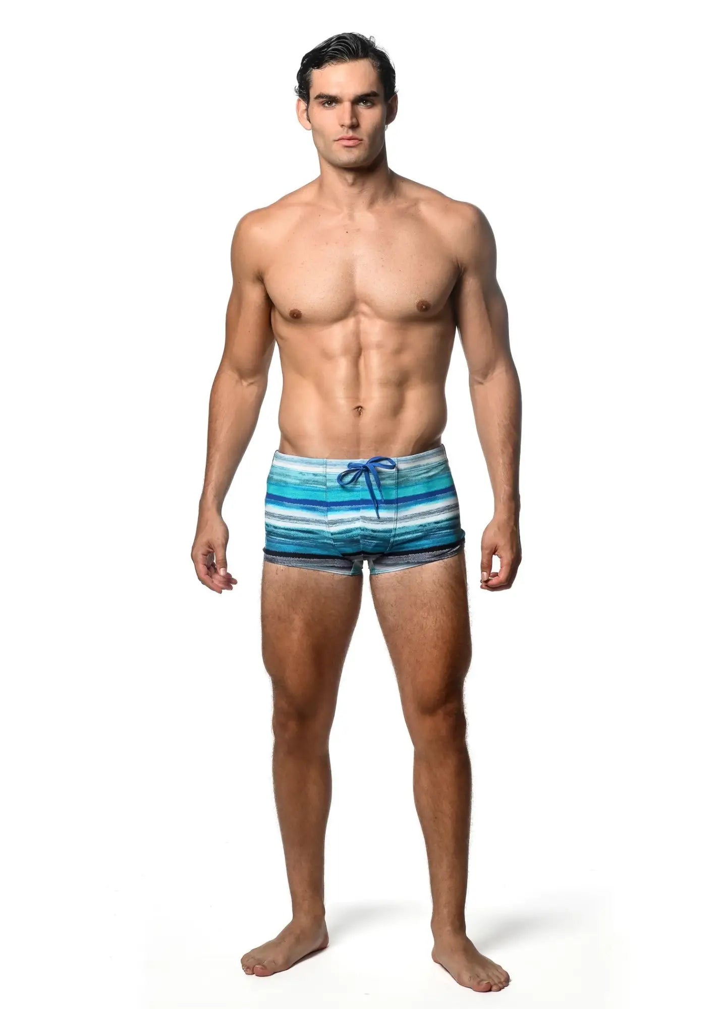Men’s watercolor stripe printed swim trunk with horizontal blue and white stripes and a blue drawstring waistband
