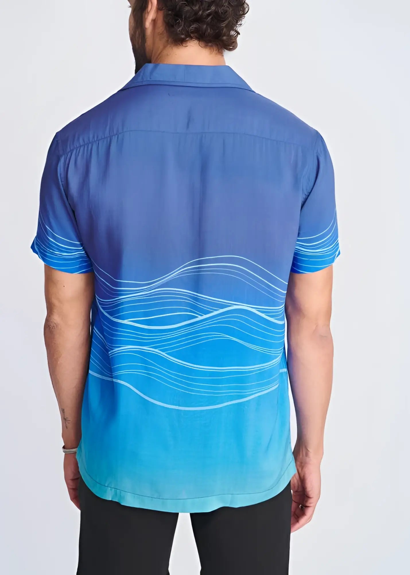 Blue gradient short-sleeved modal shirt with white wavy line pattern waves border print design