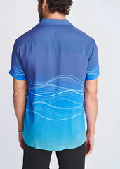 Blue gradient short-sleeved modal shirt with white wavy line pattern waves border print design
