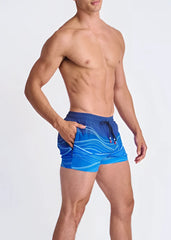 Blue waves print swim shorts with white wavy patterns black drawstring waistband and mesh lining for quick drying