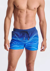 Blue swim shorts with white wavy print black drawstring ties and mesh lining for comfortable beachwear