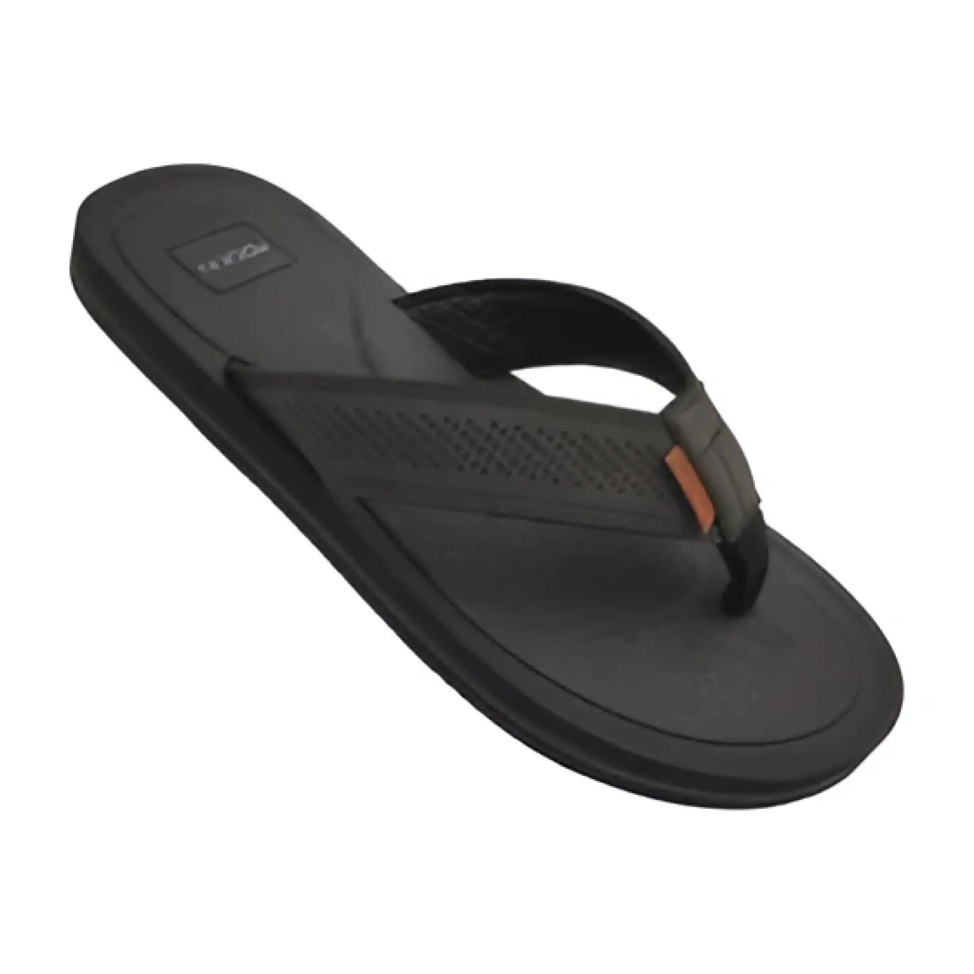 Black wharf sandal flip-flop with perforated rubber strap and tan leather accent