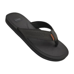 Black wharf sandal flip-flop with perforated rubber strap and tan leather accent