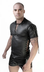 Black leather lace-up short-sleeved shirt with silver eyelets and matching shorts in size m whip it leather sn12