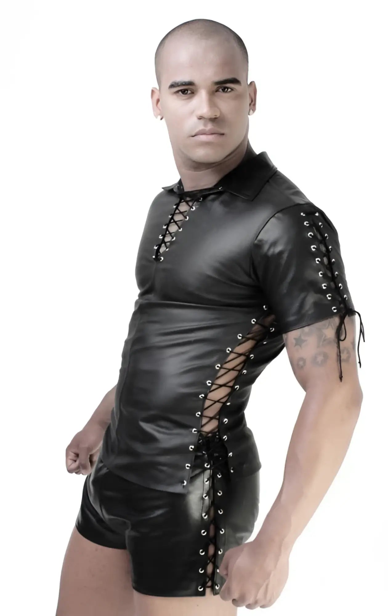 Black leather whip it multi lace short sleeved shirt and matching shorts with silver eyelets size m