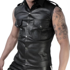 Black leather sleeveless muscle shirt with button closures and flap pockets whip it perforated pocket sn7 size m