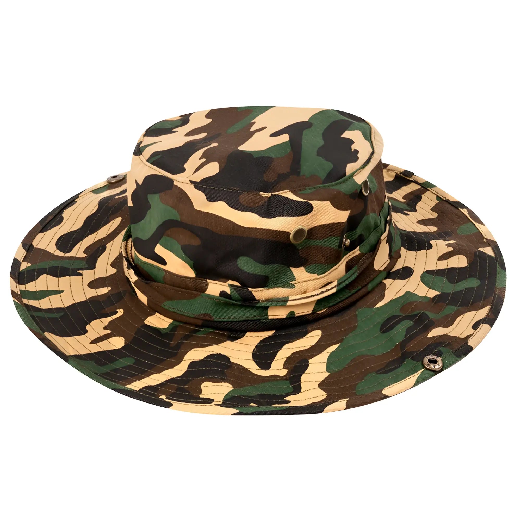 Wide brim camo boonie hat in green brown and tan camouflage pattern for outdoor and military use