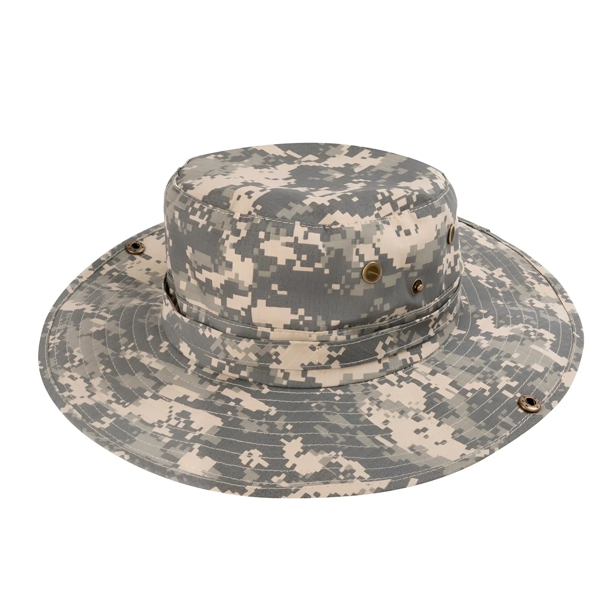 A gray and beige digital camouflage wide brim camo boonie hat designed for outdoor use and sun protection