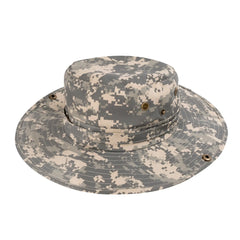 A gray and beige digital camouflage wide brim camo boonie hat designed for outdoor use and sun protection