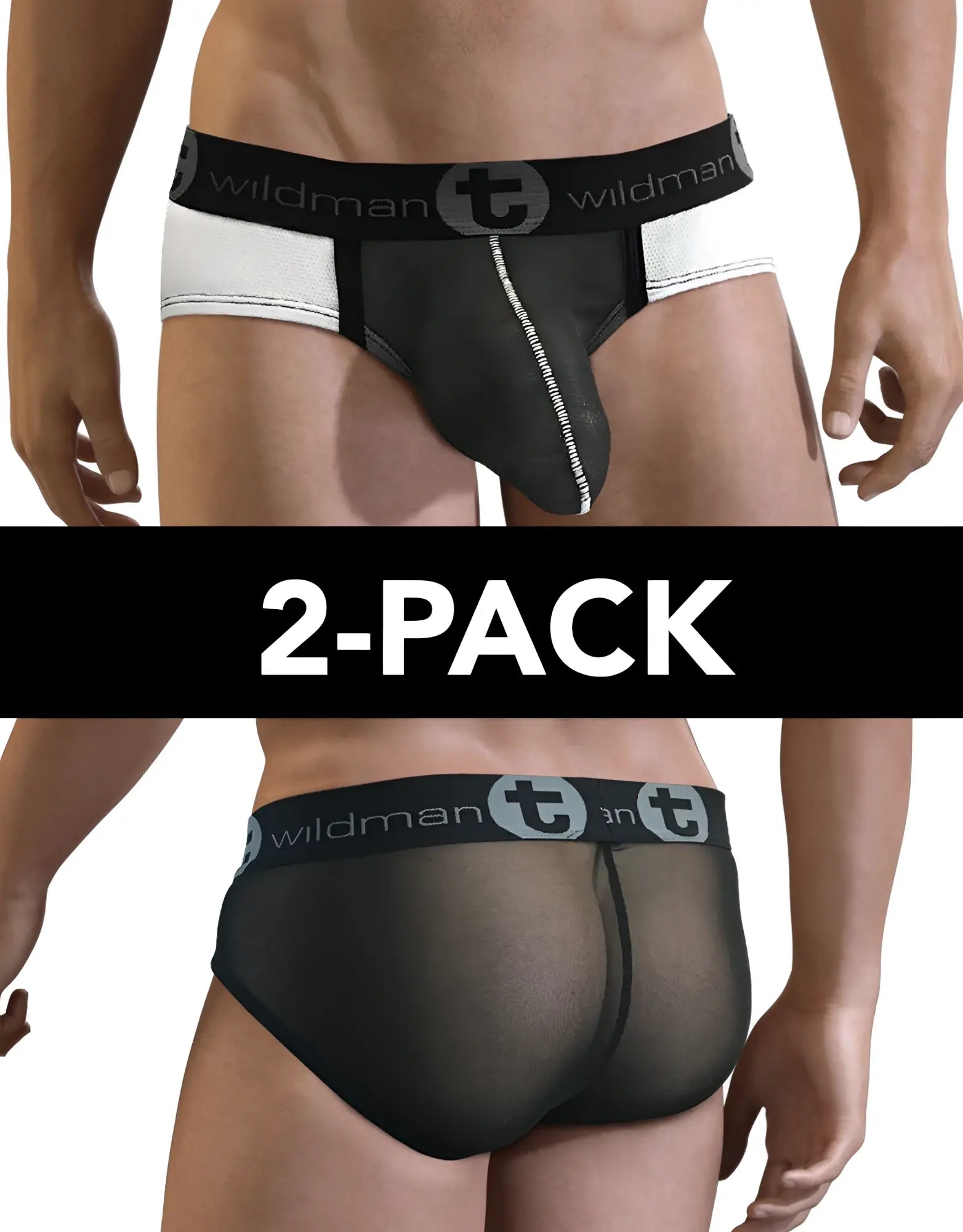 Black and white mesh briefs with branded wildman elastic waistband wildmant 2 pack slut big boy pouch brief
