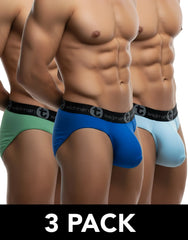 WildmanT three-pack of cotton brief men’s pouch underwear in green, blue, and light blue colors