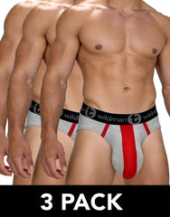 Gray and red cotton athletic briefs with a black waistband featuring the Wildman logo in a 3-pack set