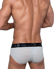 Gray heathered cotton briefs with black elastic waistband featuring wildman brand logo from wildmant 3 pack brief set