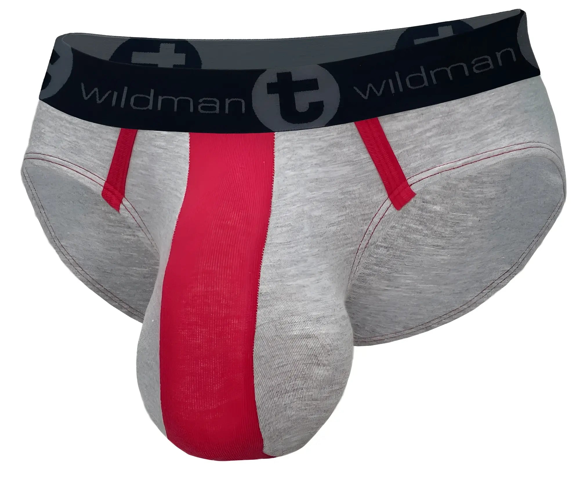 Gray and red cotton wildmanT men’s briefs with black waistband featuring wildman brand logo in 3-pack set