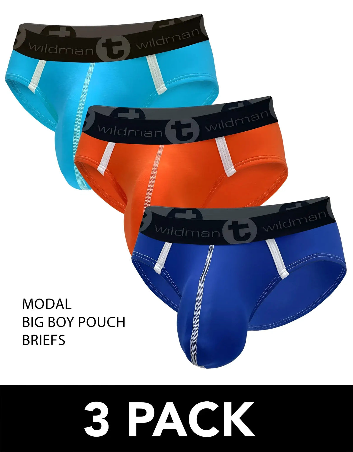 Set of three wildmant modal big boy pouch briefs in blue orange and royal blue with white stitching and black waistbands