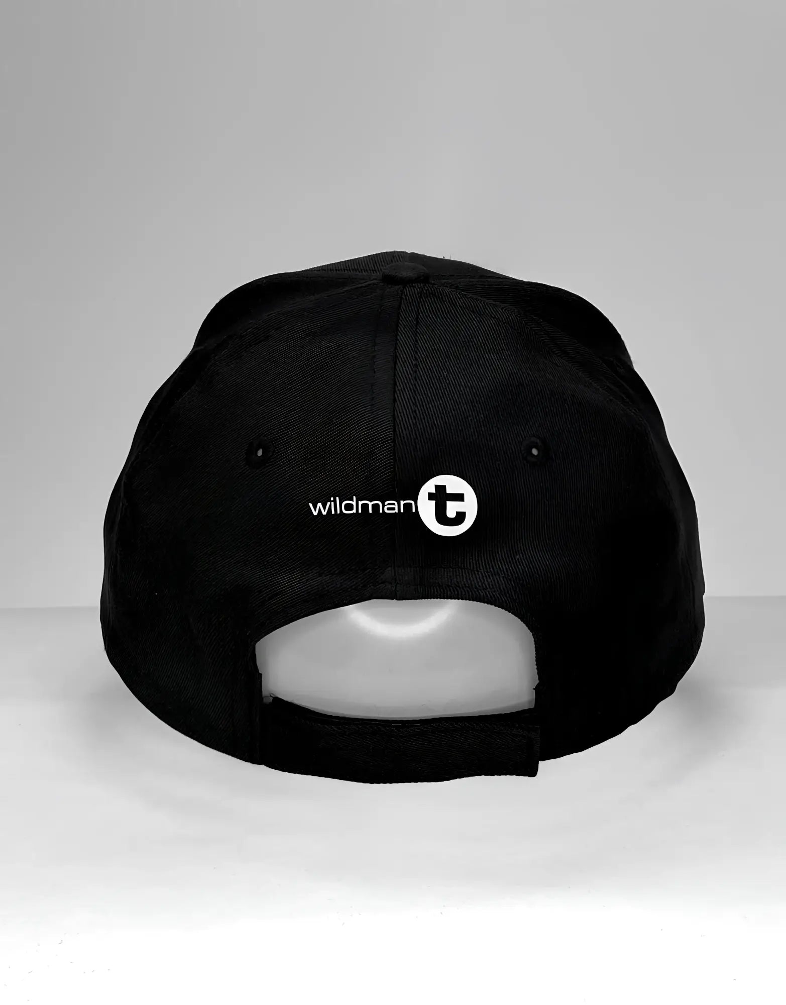 Black wildman t ball cap with white logo and circular emblem on the back size matters just ask your wife design