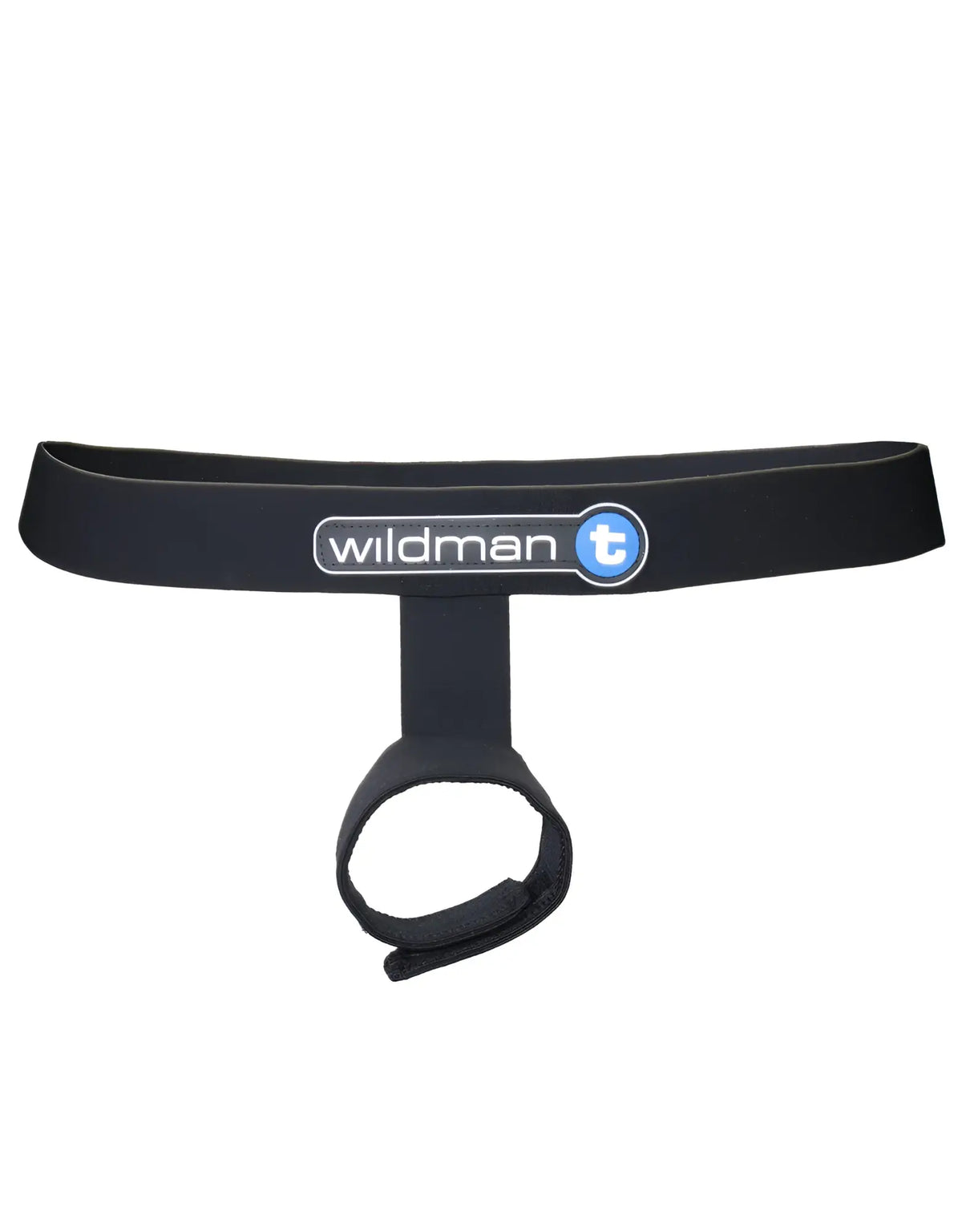 Black elastic strap ball lifter with looped end and wildman t logo for sport protruder use