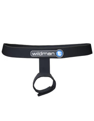 Black elastic strap ball lifter with looped end and wildman t logo for sport protruder use