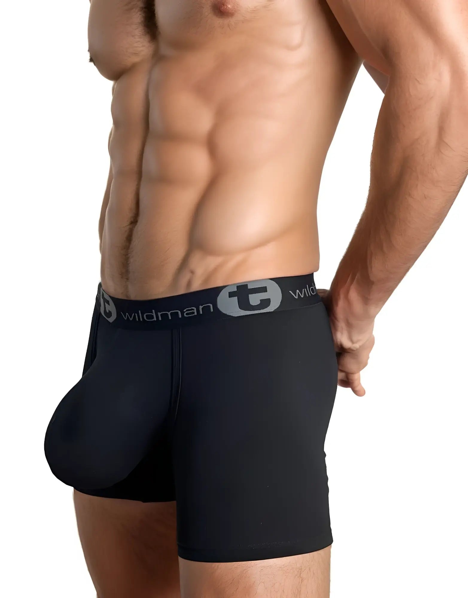 Black wildman boxer briefs with big boy pouch and gray waistband featuring wildman logo and 5 inch inseam