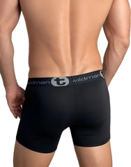 Black wildman brand boxer briefs with a 5 inch inseam and gray logo band designed for comfort and support