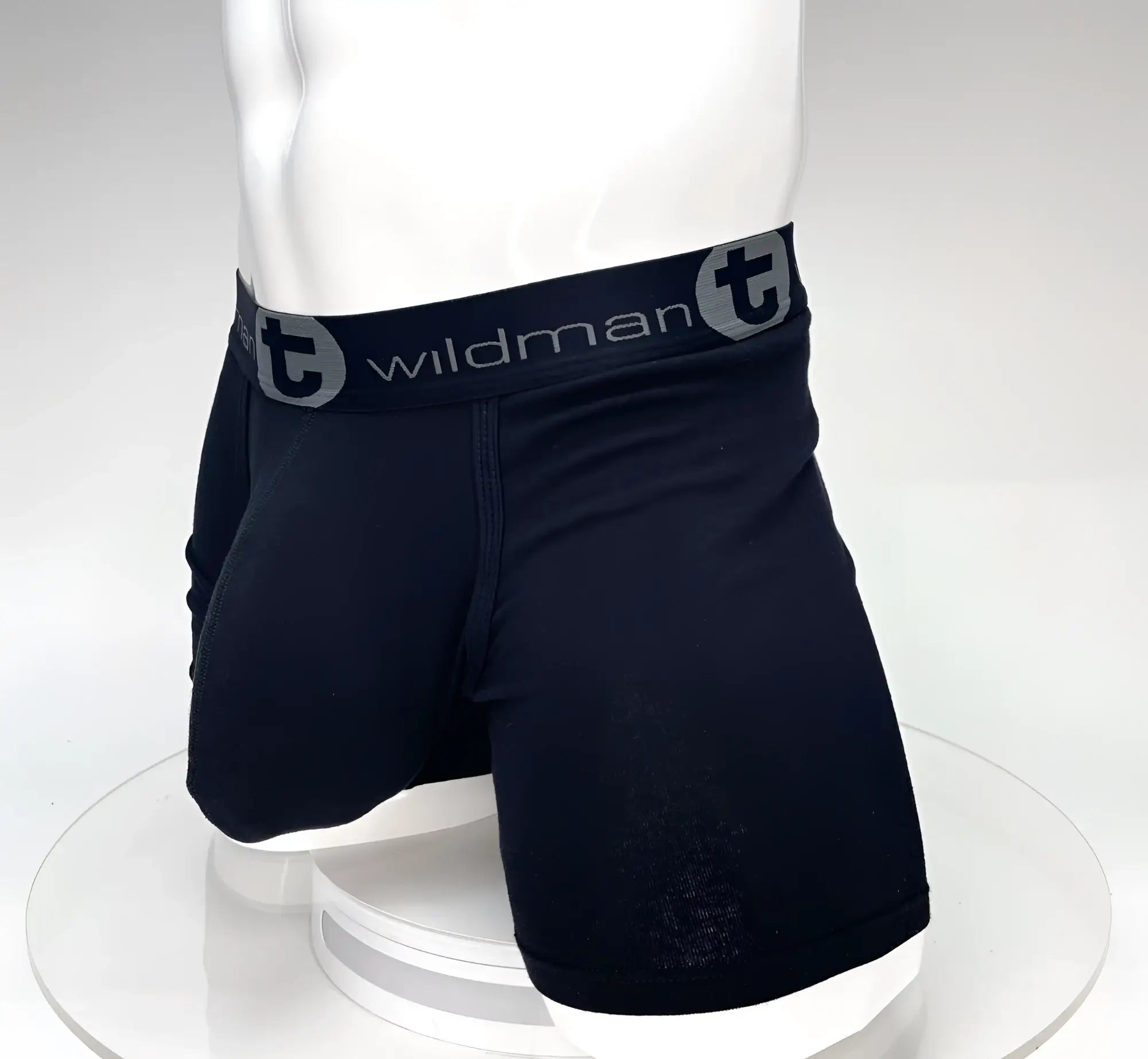 WildmanT big boy pouch 5 inch inseam black boxer briefs with gray elastic waistband featuring T logo and brand name