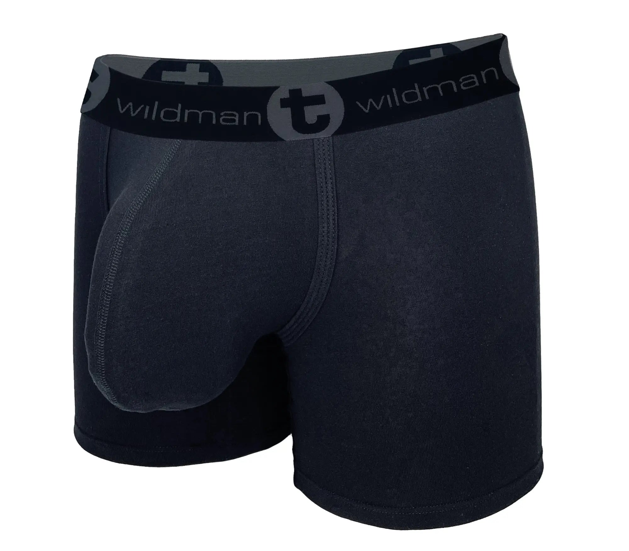 Black wildman brand men’s boxer briefs with supportive pouch and elastic waistband featuring wildman t logo