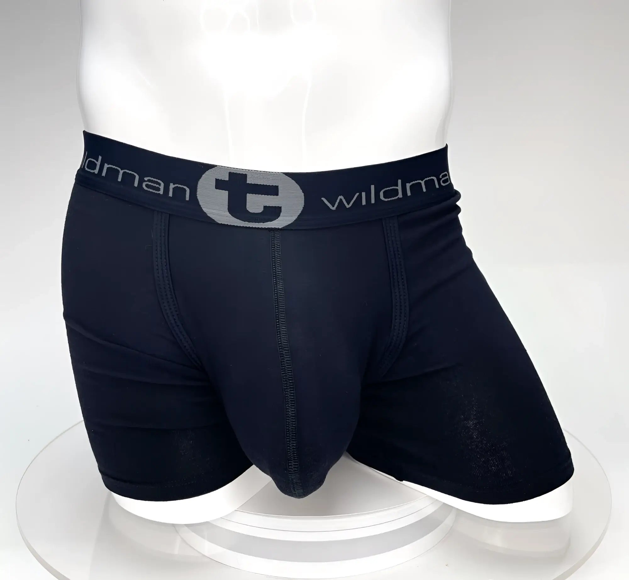 Black wildman boxer briefs with big boy pouch 5 inch inseam and gray elastic waistband featuring brand logo