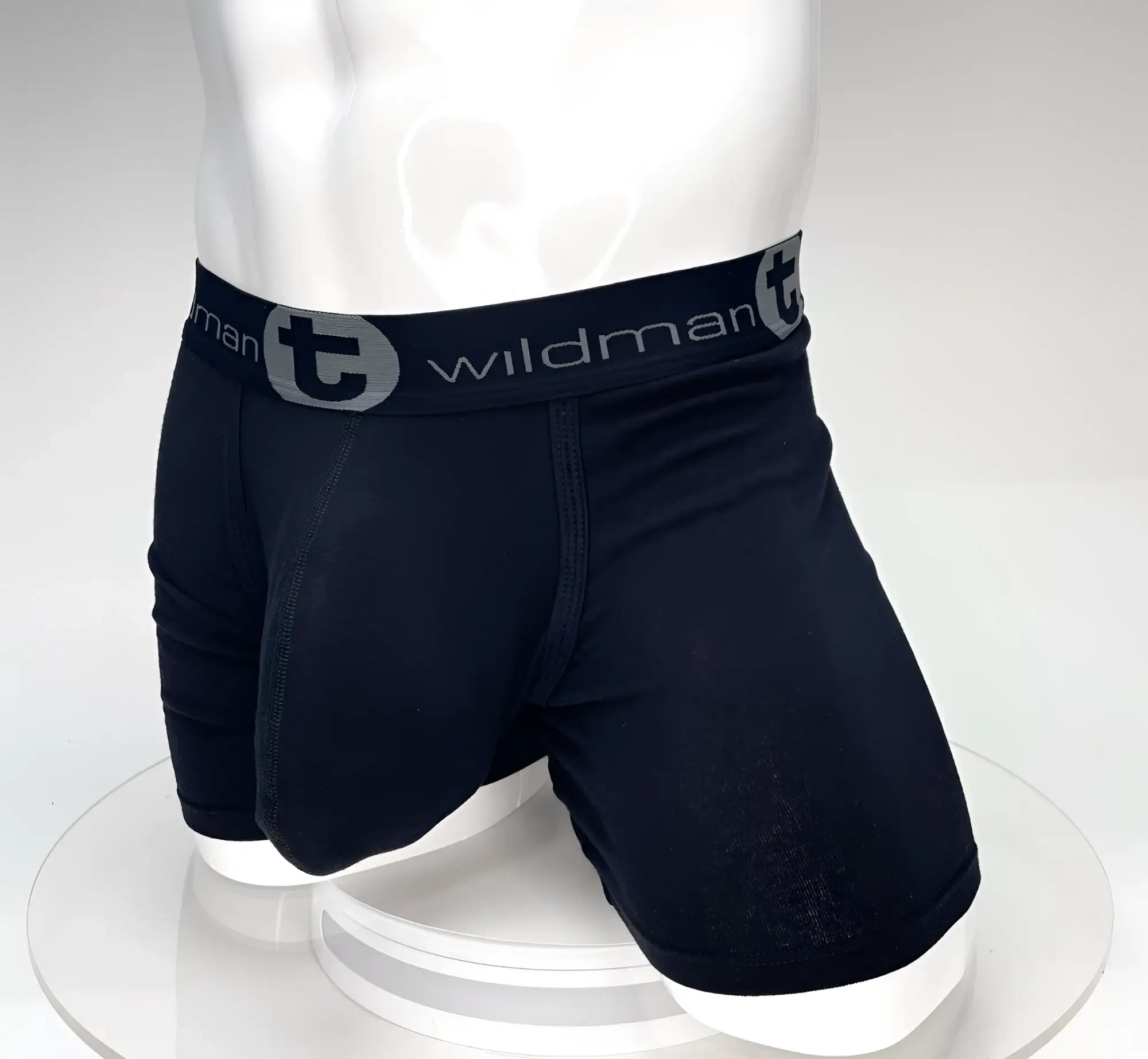 Black wildman boxer briefs with 5 inch inseam and gray waistband featuring wildmanT logo and name