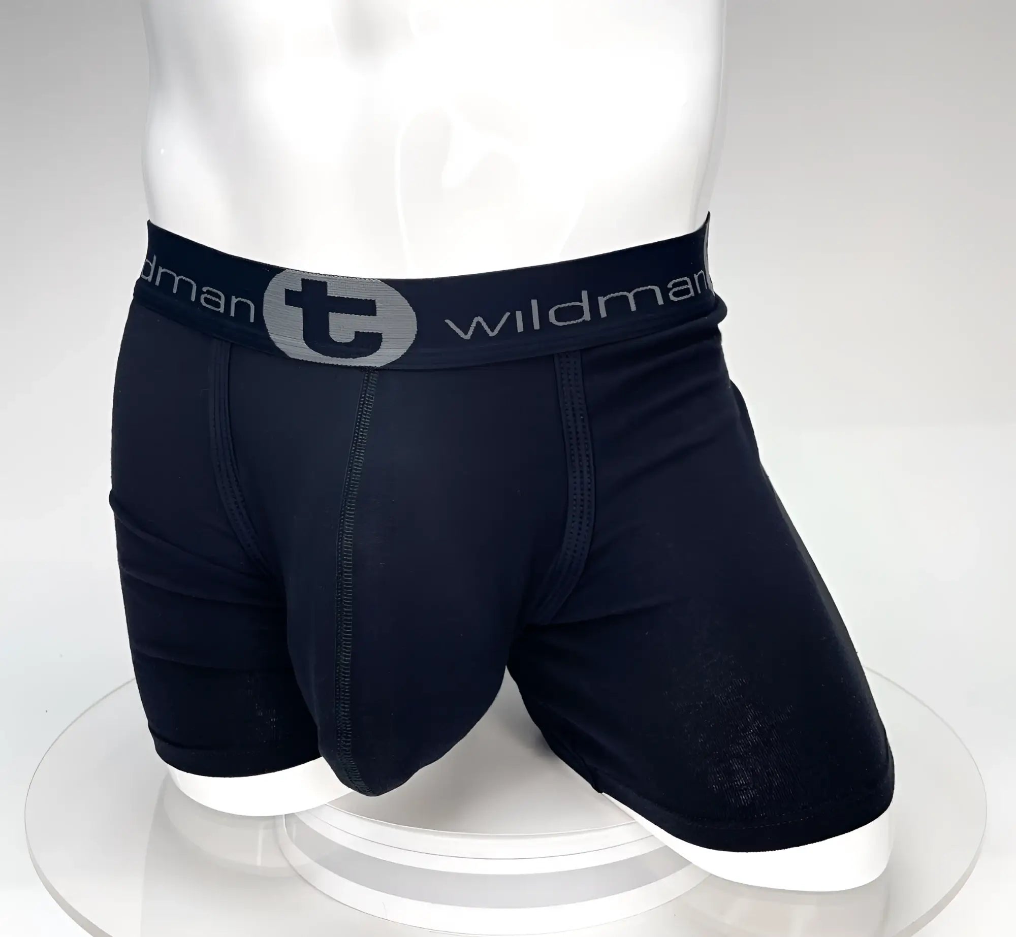 Wildmant big boy pouch black boxer briefs with 5 inch inseam and gray elastic waistband featuring brand logo