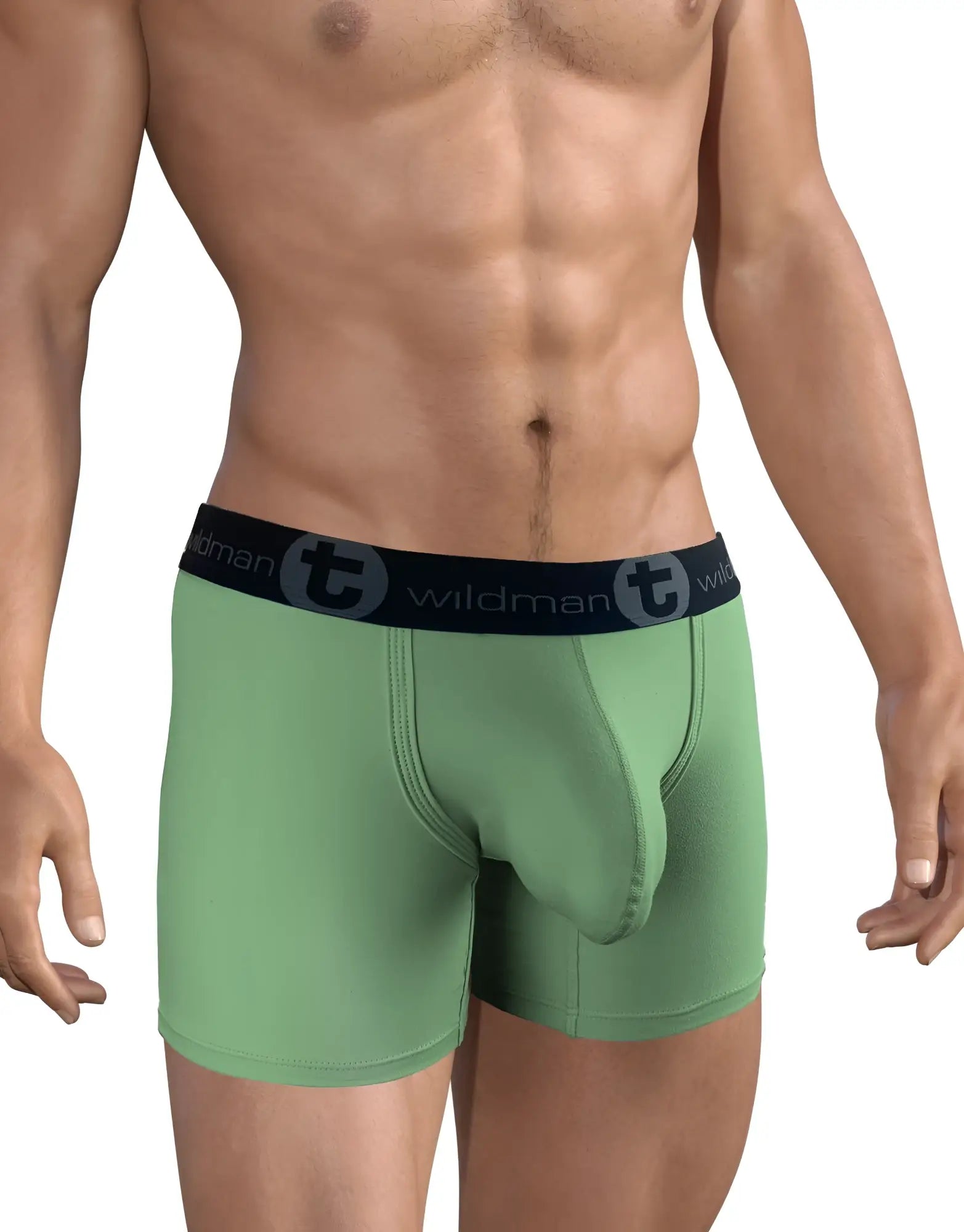Green wildman boxer briefs with a black elastic waistband featuring the brand logo and a 5 inch inseam pouch design