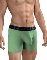 Green wildman boxer briefs with a black elastic waistband featuring the brand logo and a 5 inch inseam pouch design