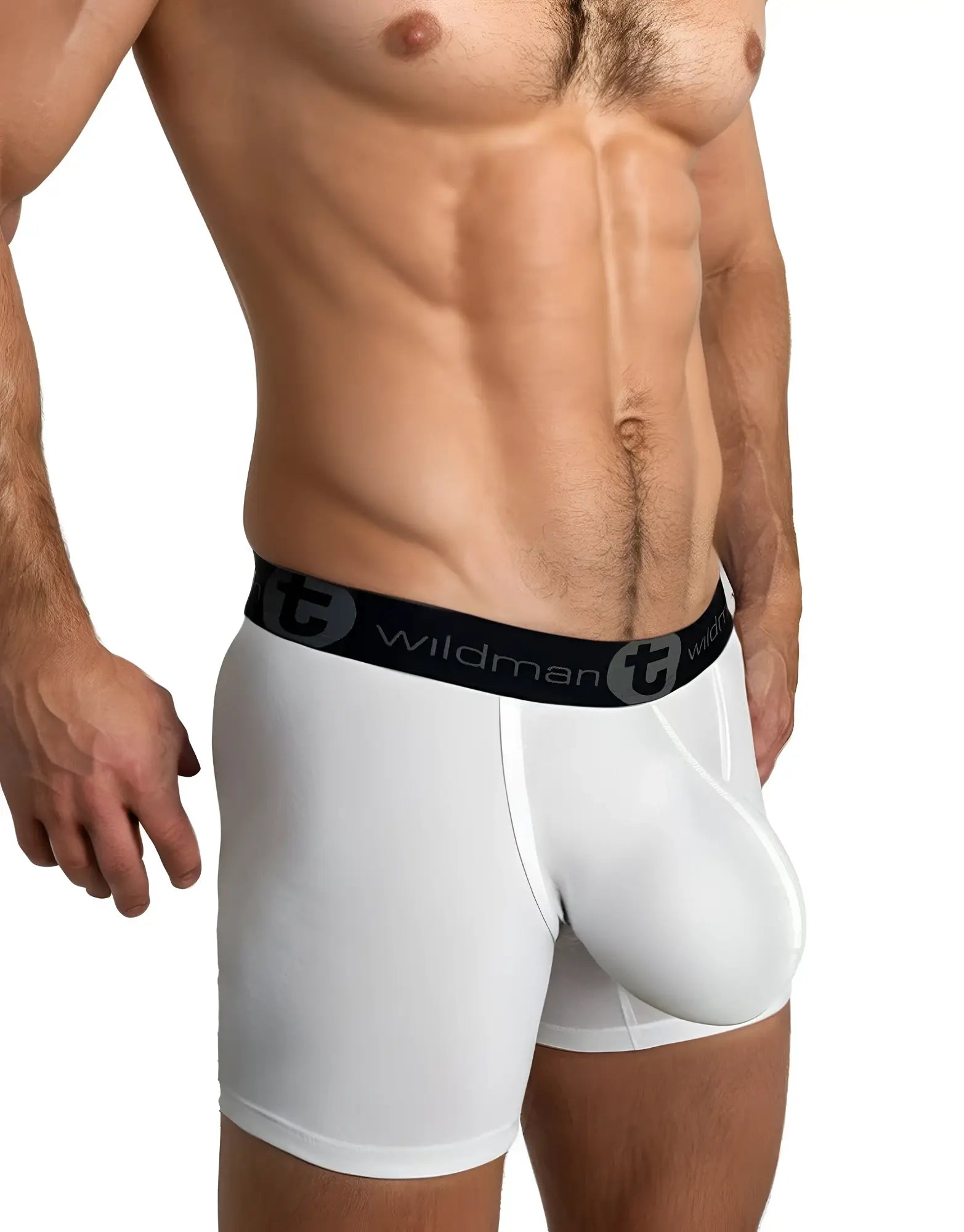 White men’s boxer briefs with wildman black elastic waistband big boy pouch and 5 inch inseam in white color