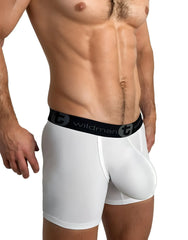 White men’s boxer briefs with wildman black elastic waistband big boy pouch and 5 inch inseam in white color
