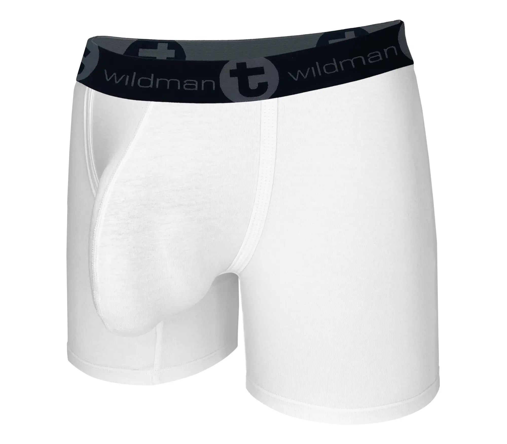 White wildman big boy pouch boxer briefs with 5 inch inseam and black waistband featuring wildman logo