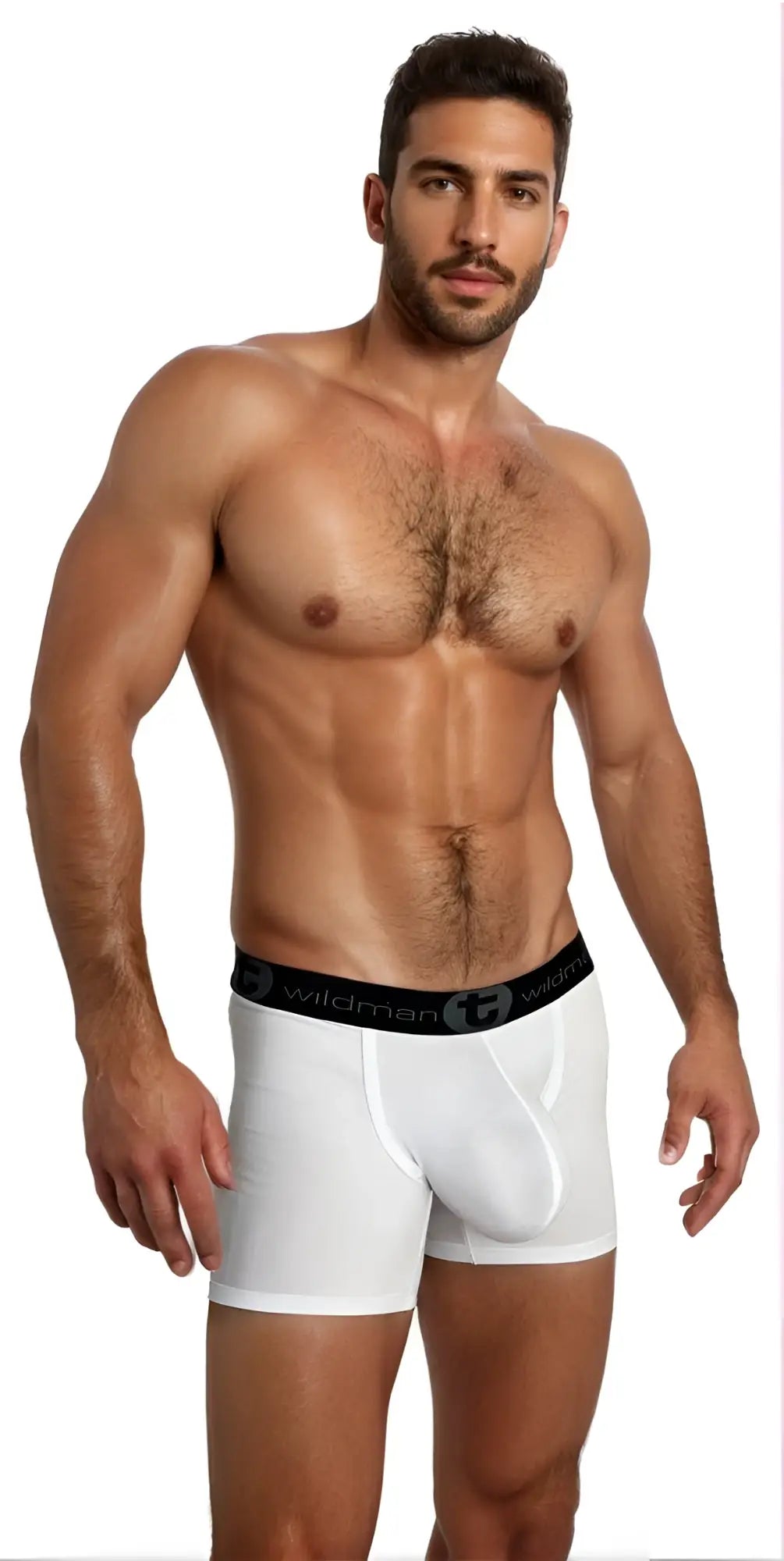 White wildmant big boy pouch 5 inch inseam boxer brief with black elastic waistband and wildman logo