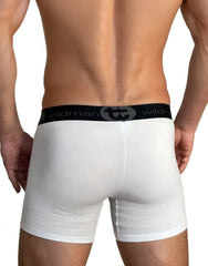 White men’s boxer briefs with black elastic waistband featuring wildman logo and big boy pouch 5 inch inseam