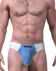 Wildmant big boy pouch bikini underwear in white and blue with a black wildman brand label on the waistband