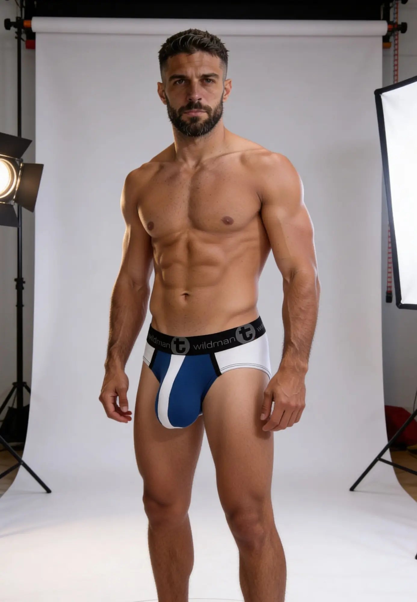 Blue and white striped wildmant big boy pouch brief with black waistband and wildman logo in cotton blend