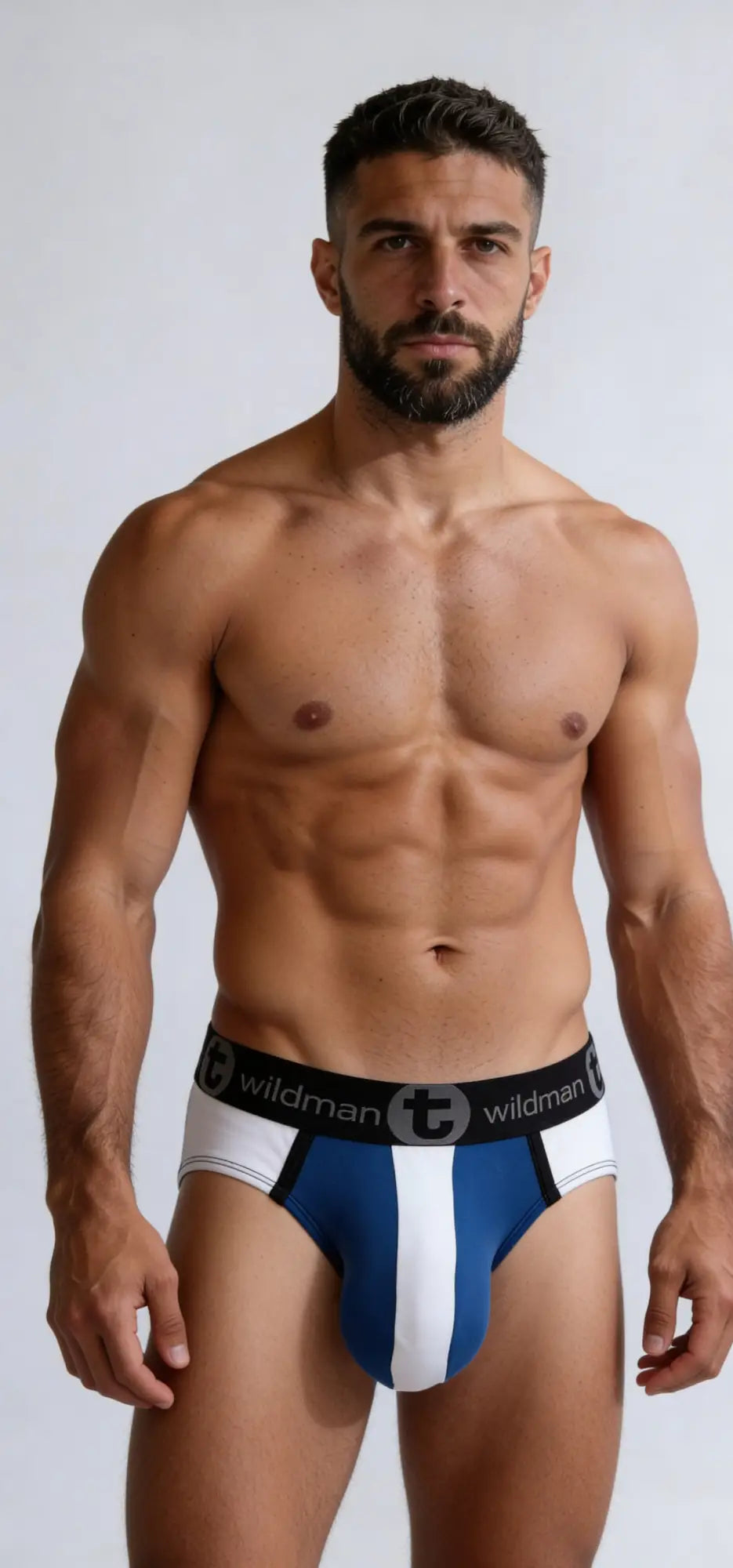Wildmant big boy pouch brief in blue and white stripe with black waistband featuring wildman logo