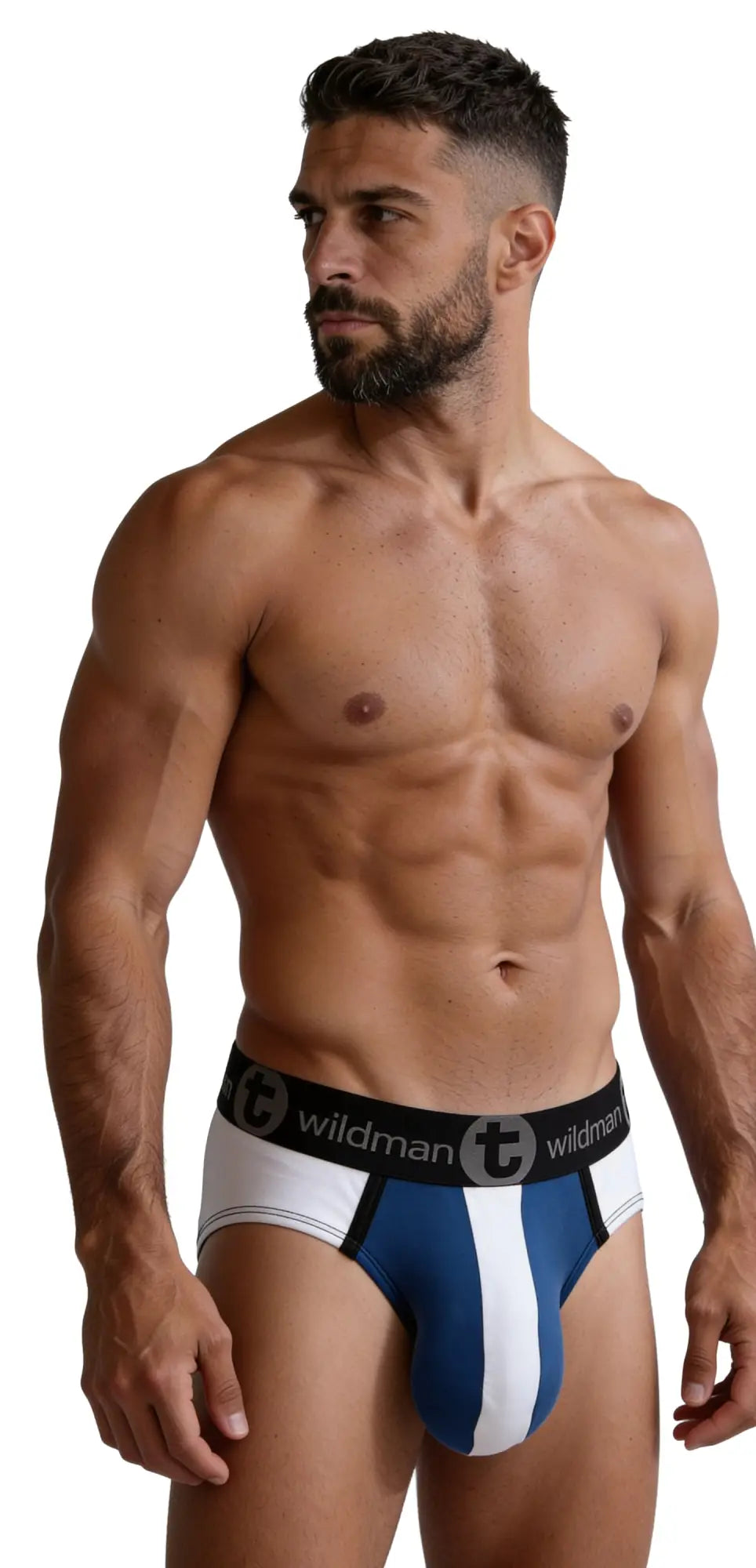 Wildmant big boy pouch brief in blue and white stripes with black waistband featuring wildman logo