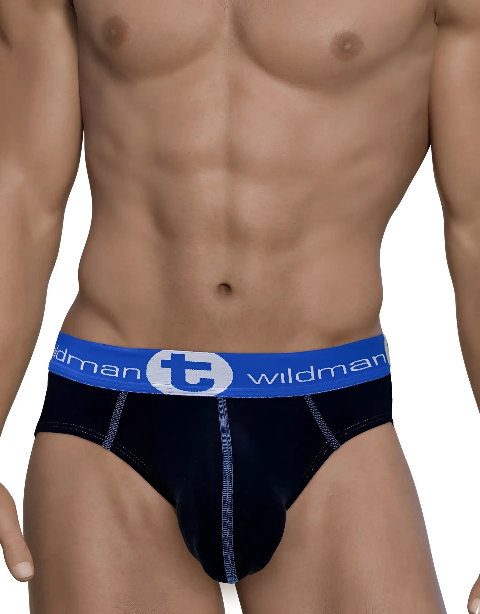Black cotton big boy pouch briefs with blue elastic waistband and wildman brand logo in white lettering