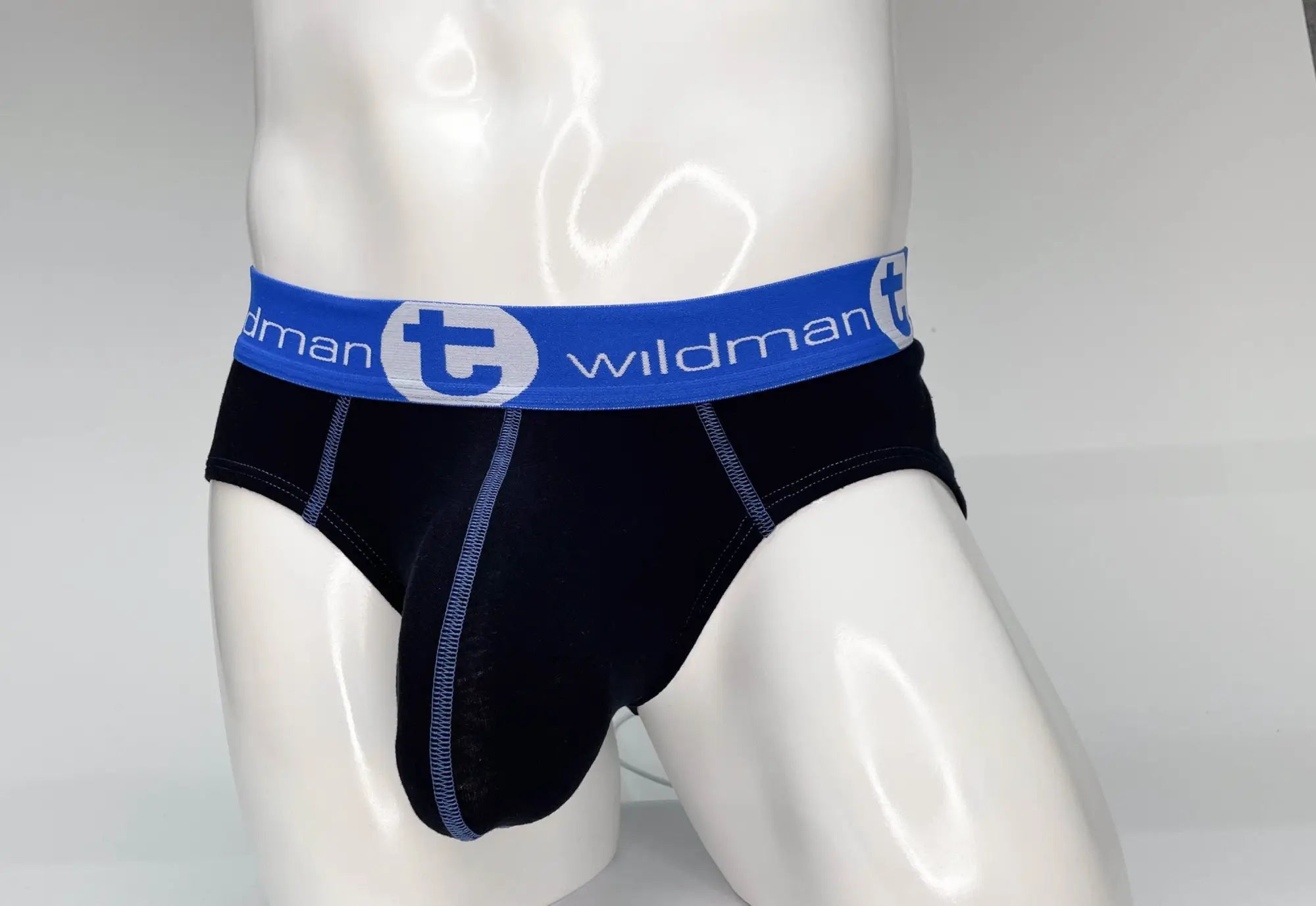 Black cotton WildmanT big boy pouch briefs with a blue elastic waistband featuring the Wildman logo and white lettering